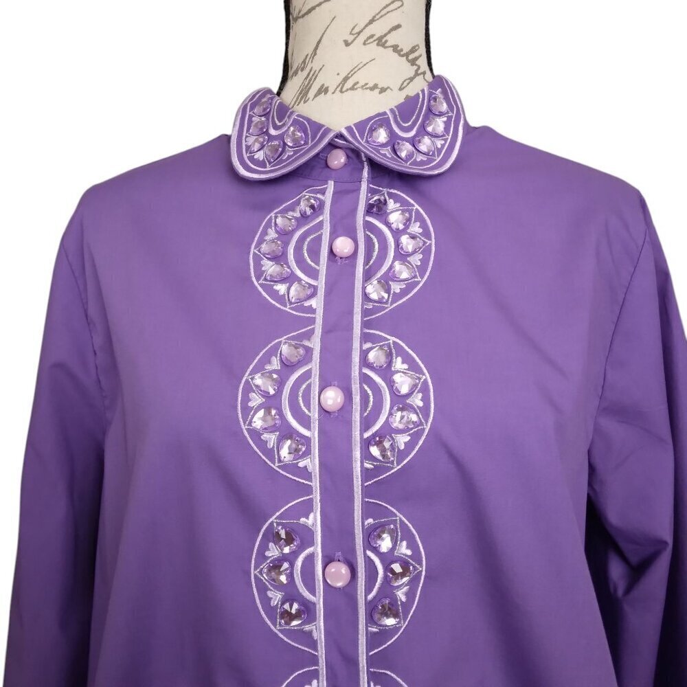 Bob Mackie | Purple Embroidered Rhinestone Button Front Shirt…